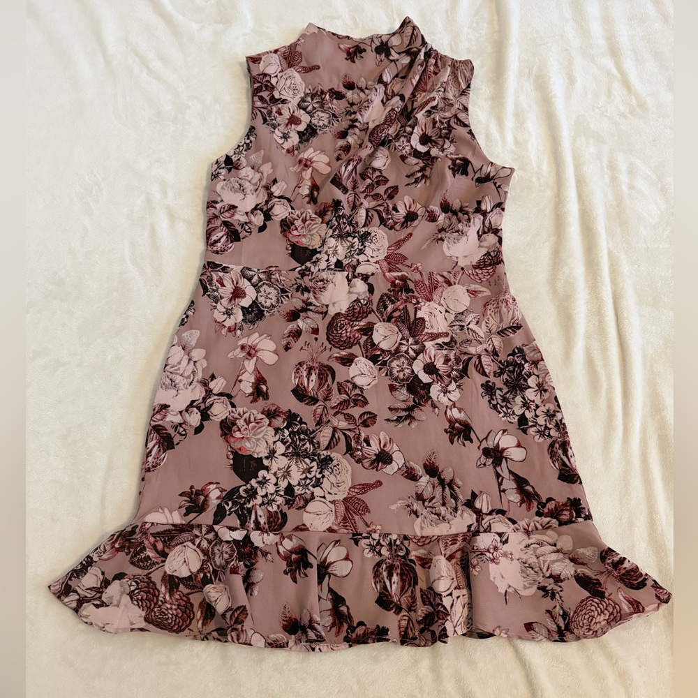 Express Size Large Floral Sleeveless Ruffle Hem Floral Dress Mauve & Burgundy